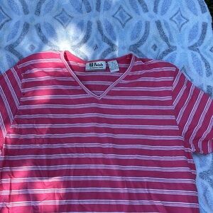 All Points by Reference Point Pink & White Striped Short Sleeves V-Neck Tee XL